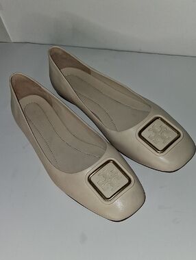 Tory Burch Georgia Square Toe Leather Cream Ballet Flats, Size 8.5M